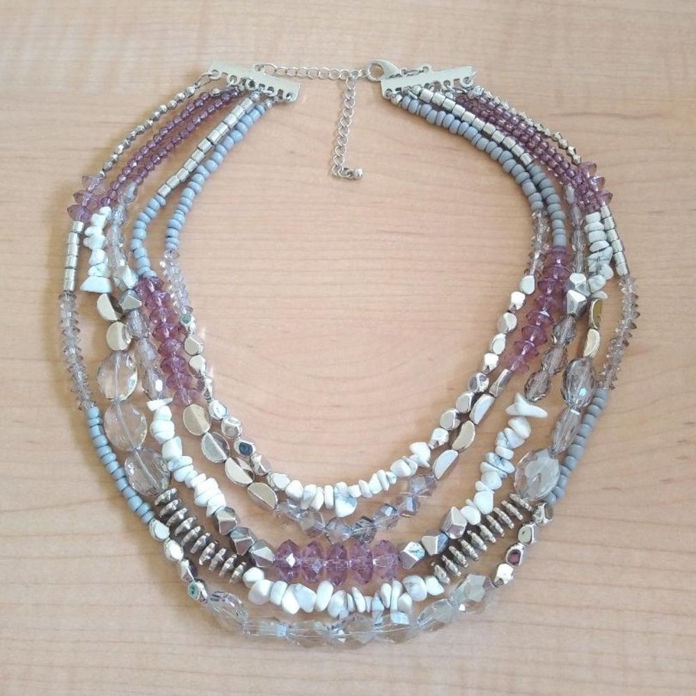 Multi Strand Necklace Silver Tone with Glass Plastic and Semi-Precious Stones